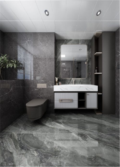 洗手间采用了深灰色大理石瓷砖,壁挂式马桶及浴室柜大大避免卫浴产品